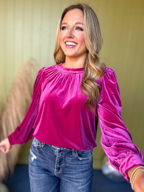 Burgundy Velvet Long Peasant Sleeve Top