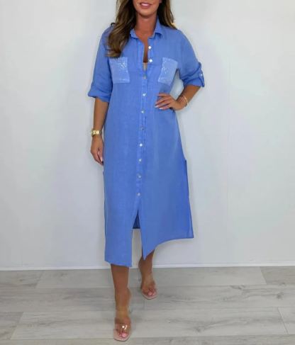 Sequin Pocket & Back Detail Linen Shirt Dress