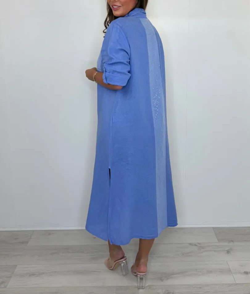 Sequin Pocket & Back Detail Linen Shirt Dress