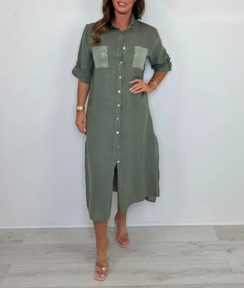 Sequin Pocket & Back Detail Linen Shirt Dress