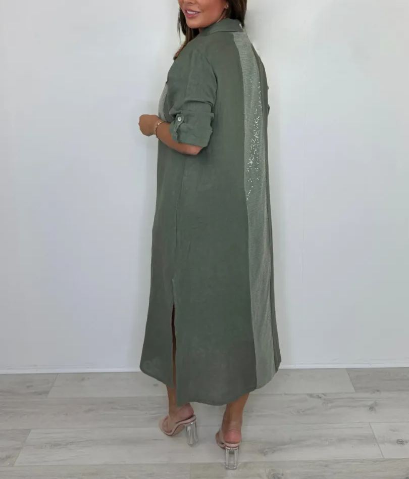 Sequin Pocket & Back Detail Linen Shirt Dress