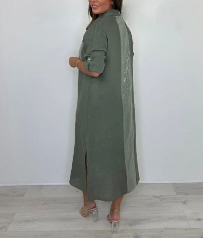 Sequin Pocket & Back Detail Linen Shirt Dress