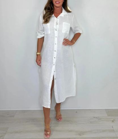 Sequin Pocket & Back Detail Linen Shirt Dress
