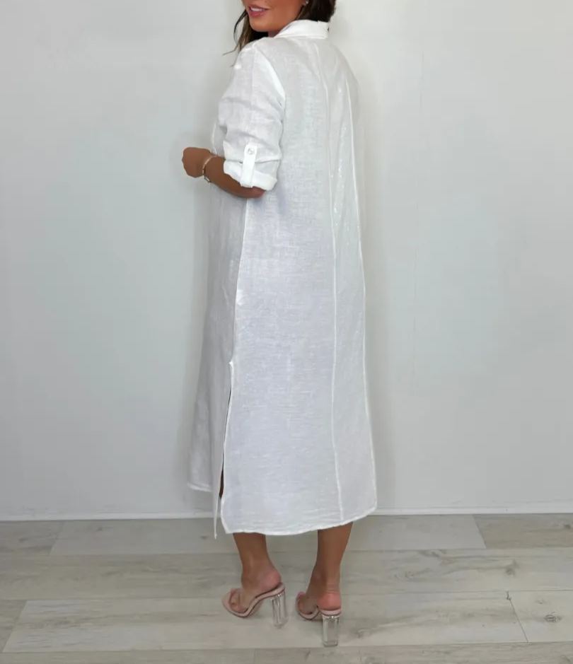 Sequin Pocket & Back Detail Linen Shirt Dress