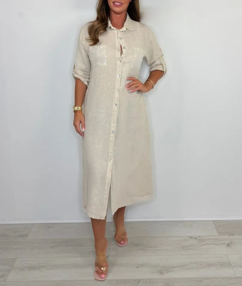 Sequin Pocket & Back Detail Linen Shirt Dress