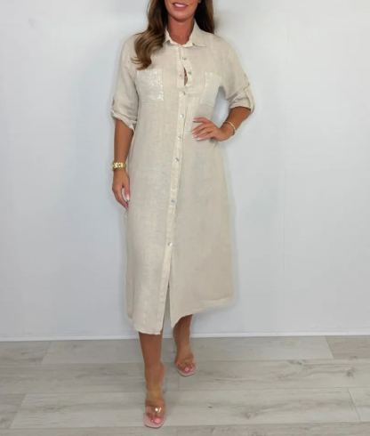 Sequin Pocket & Back Detail Linen Shirt Dress