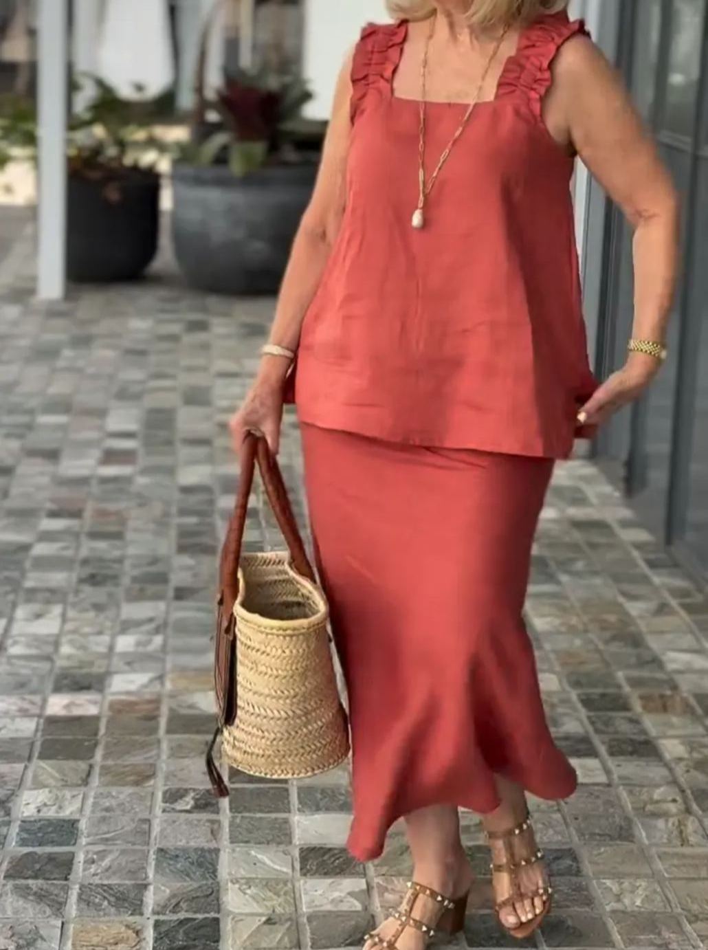 Casual Holiday Dress 2-Piece Cotton linen Top & Skirt