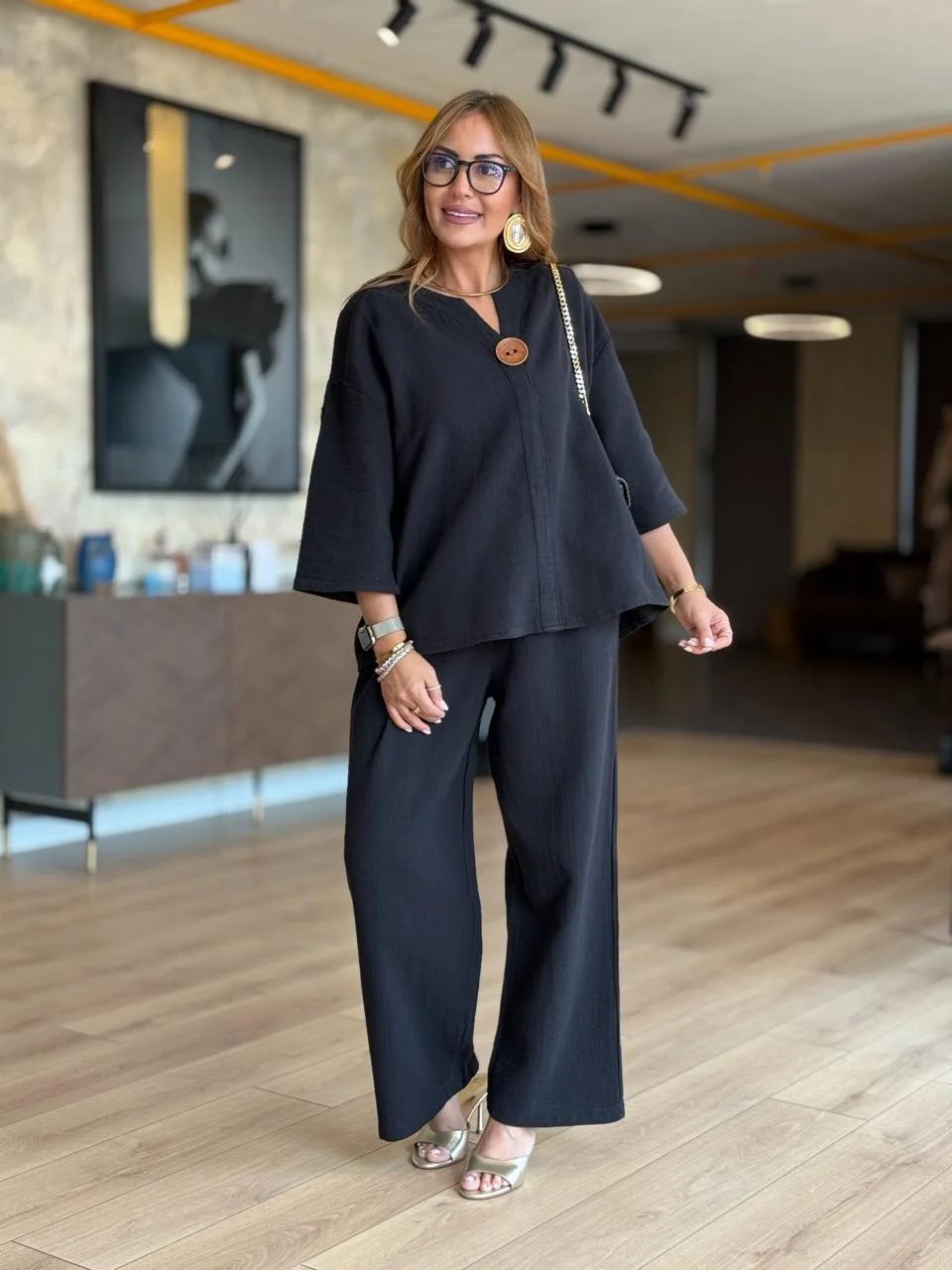 Buttoned Black Cotton Two Piece Set