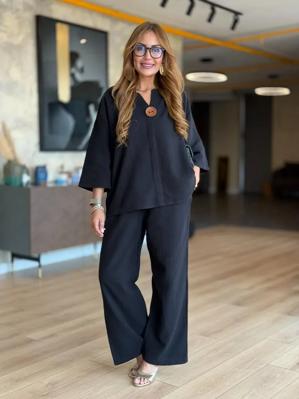 Buttoned Black Cotton Two Piece Set