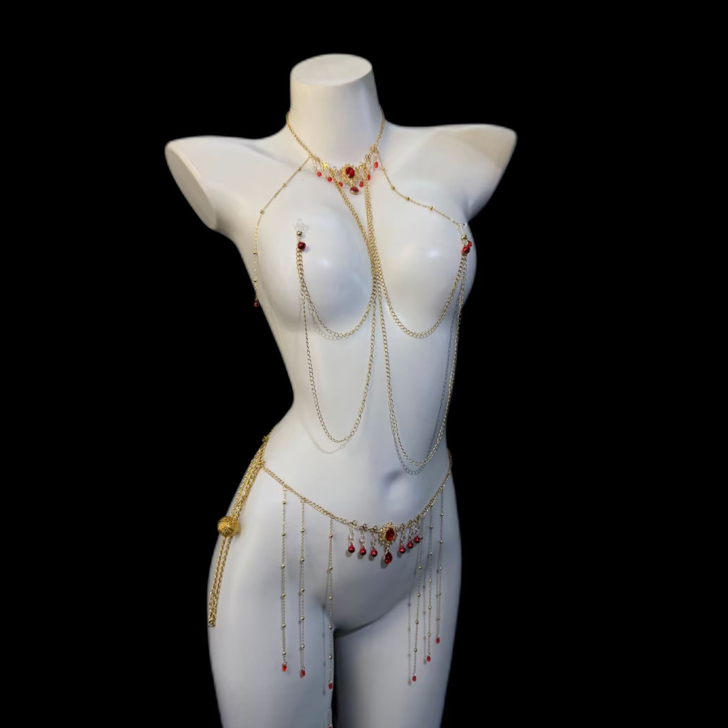 Gothic-style ruby ​​nipple body chain
