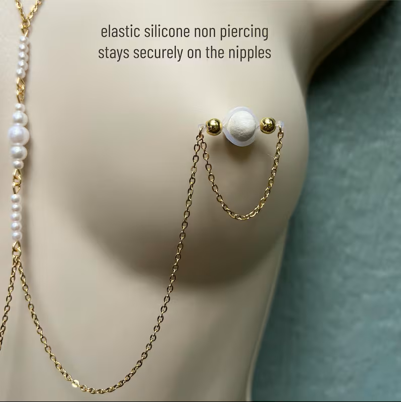 Gold Pearl Chain Faux Nipple Piercing