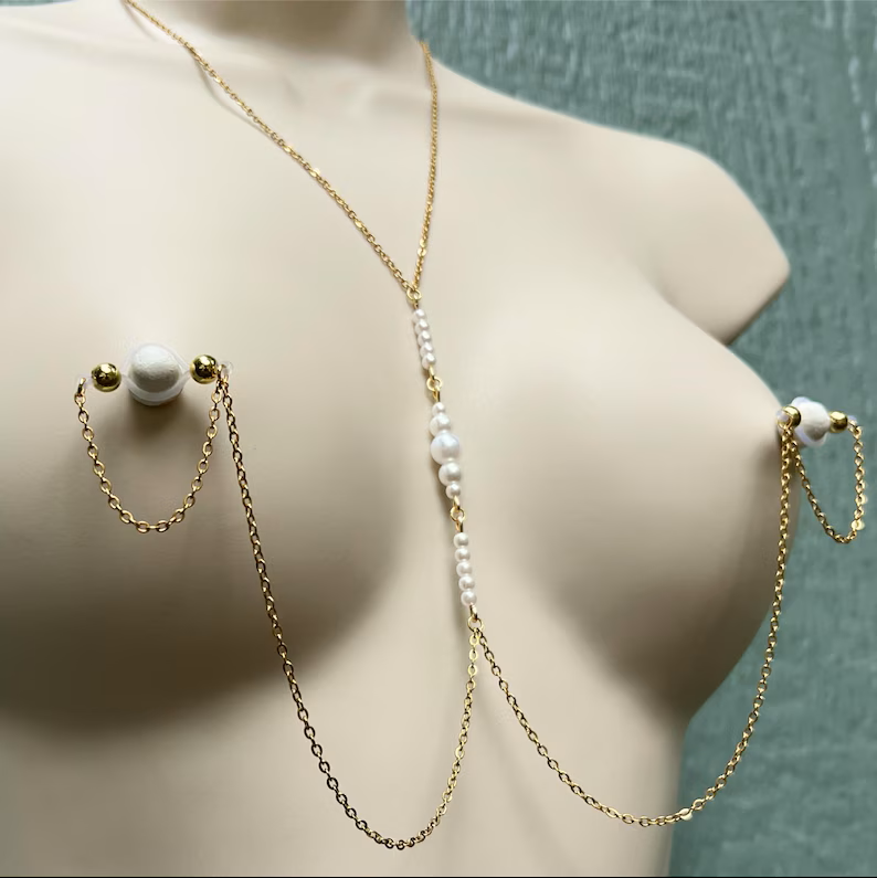 Gold Pearl Chain Faux Nipple Piercing