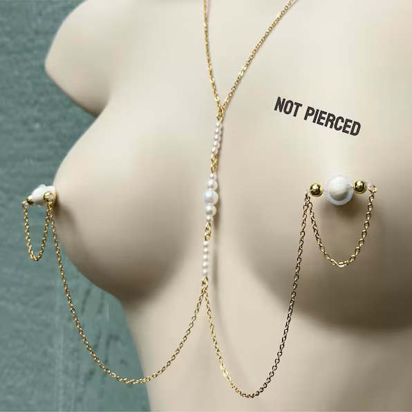 Gold Pearl Chain Faux Nipple Piercing