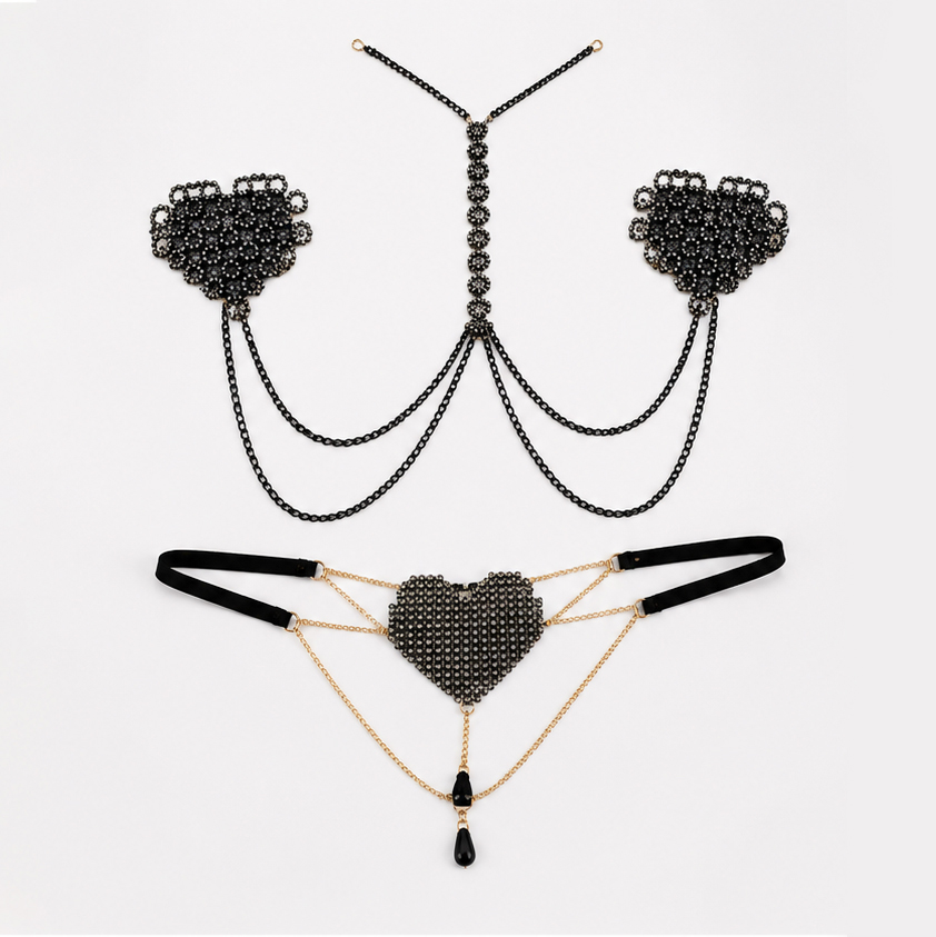 Black Crystal Heart Nipple Cover & Waist Chain Set