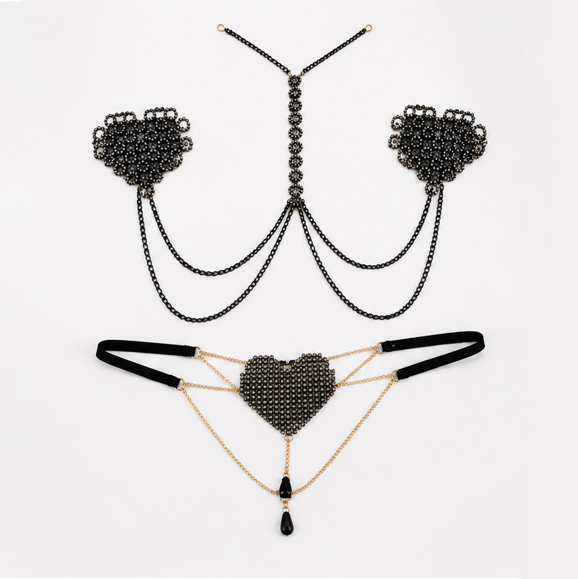 Black Crystal Heart Nipple Cover & Waist Chain Set