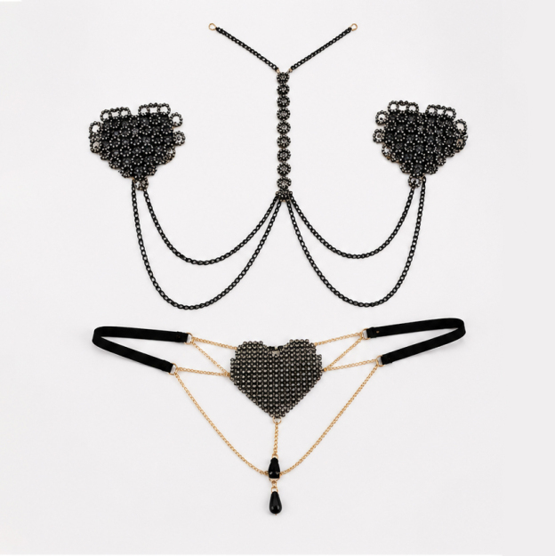 Black Crystal Heart Nipple Cover & Waist Chain Set