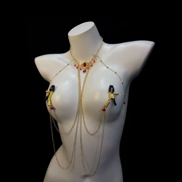 Gothic-style ruby ​​nipple body chain