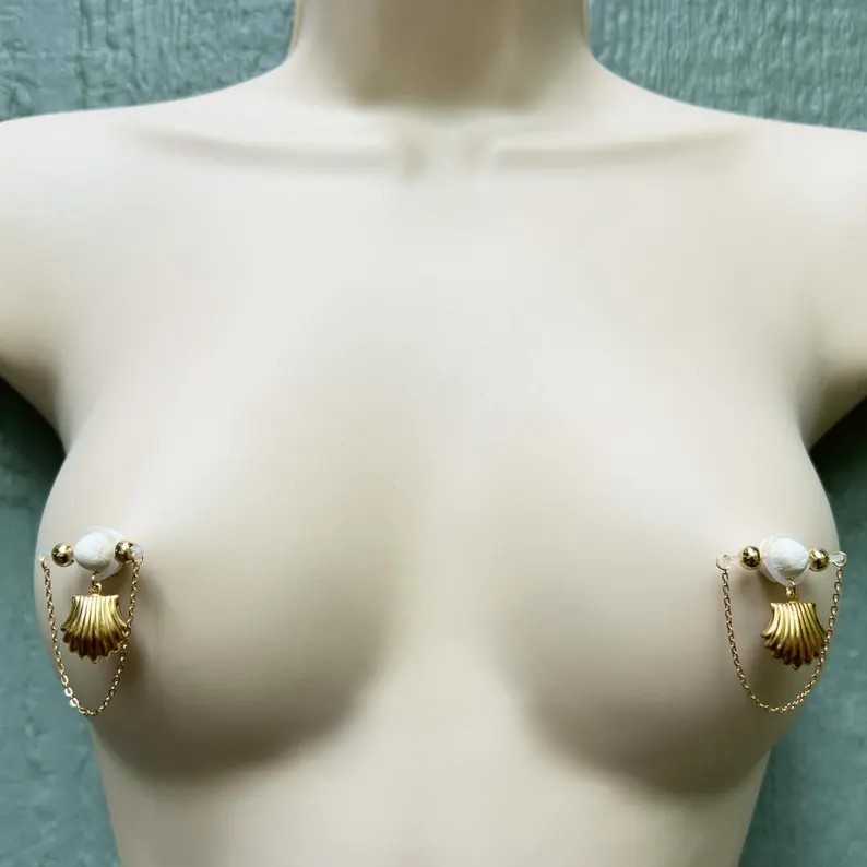 Fake nipple piercing jewelry with shells and chains-Thyye