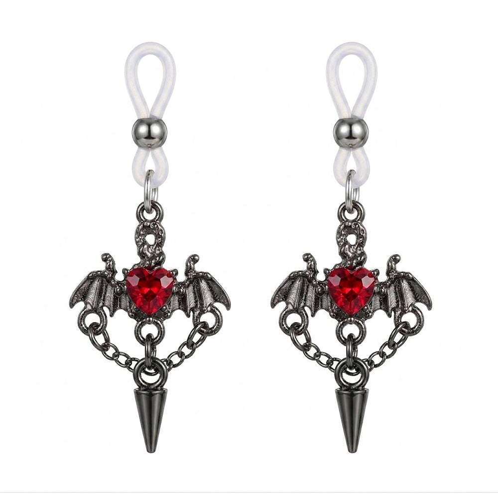 Gothic bat-wing heart-shaped non-piercing nipple rings
