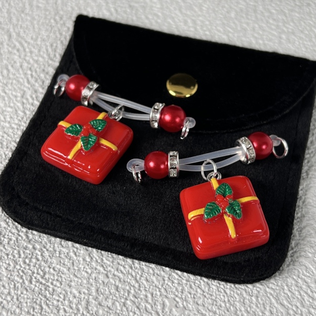 Festive Red Present Pearl Nipple Clips