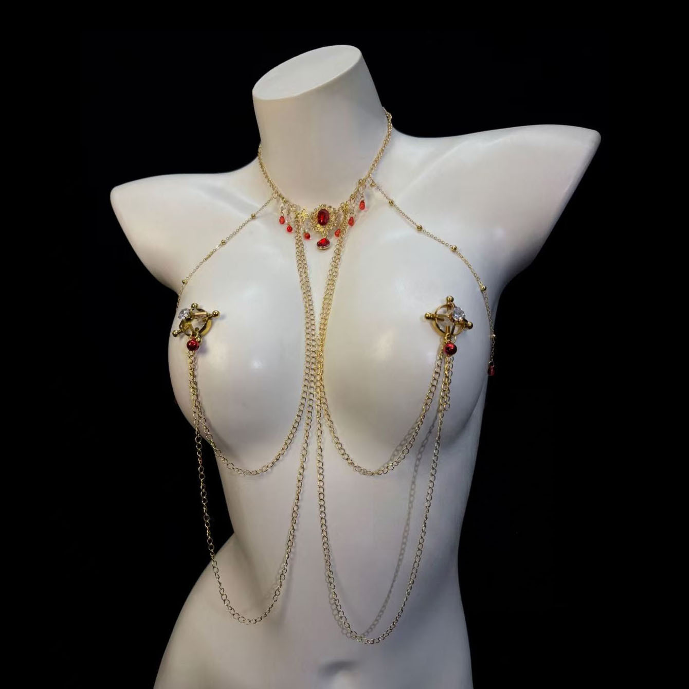 Gothic-style ruby ​​nipple body chain