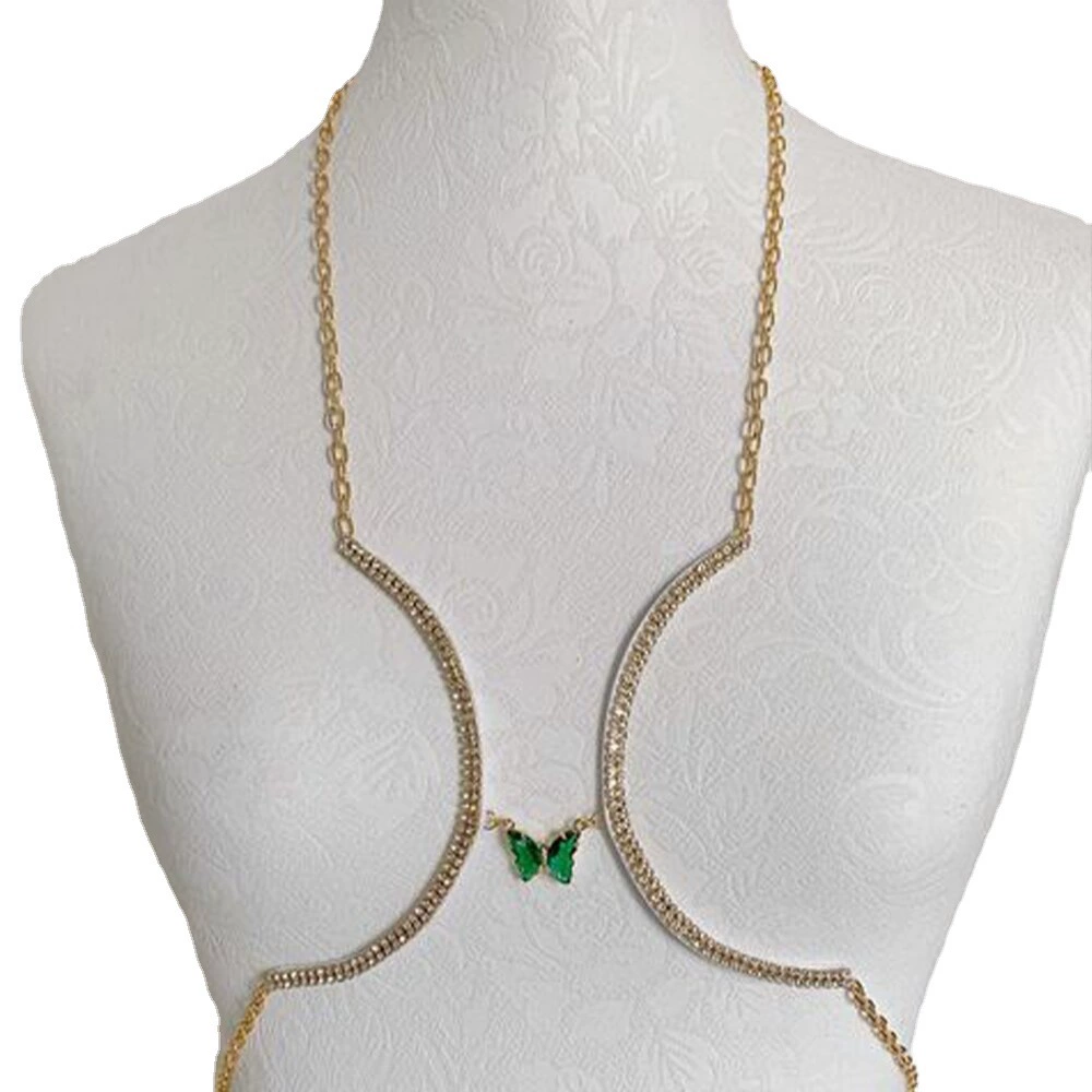 Green butterfly rhinestone chest chain
