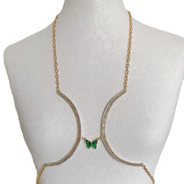 Green butterfly rhinestone chest chain