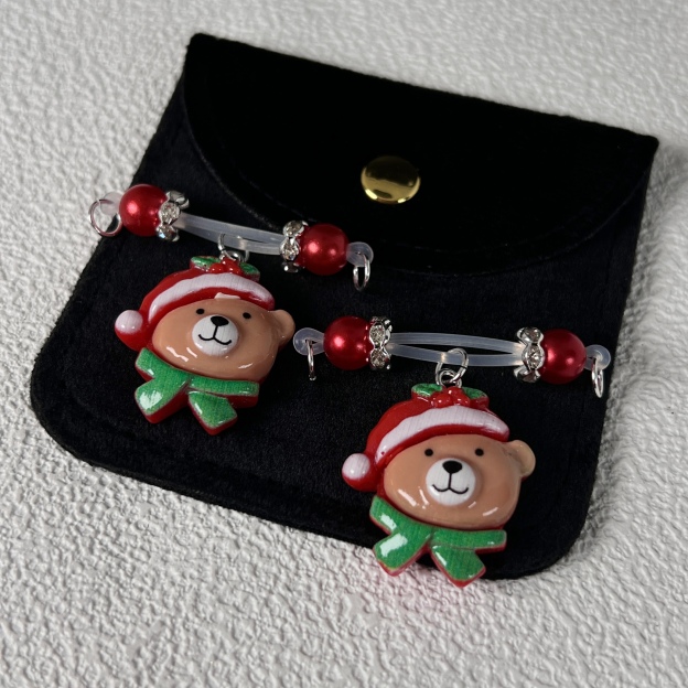 Festive Bear Charm Red Bead Nipple Clips