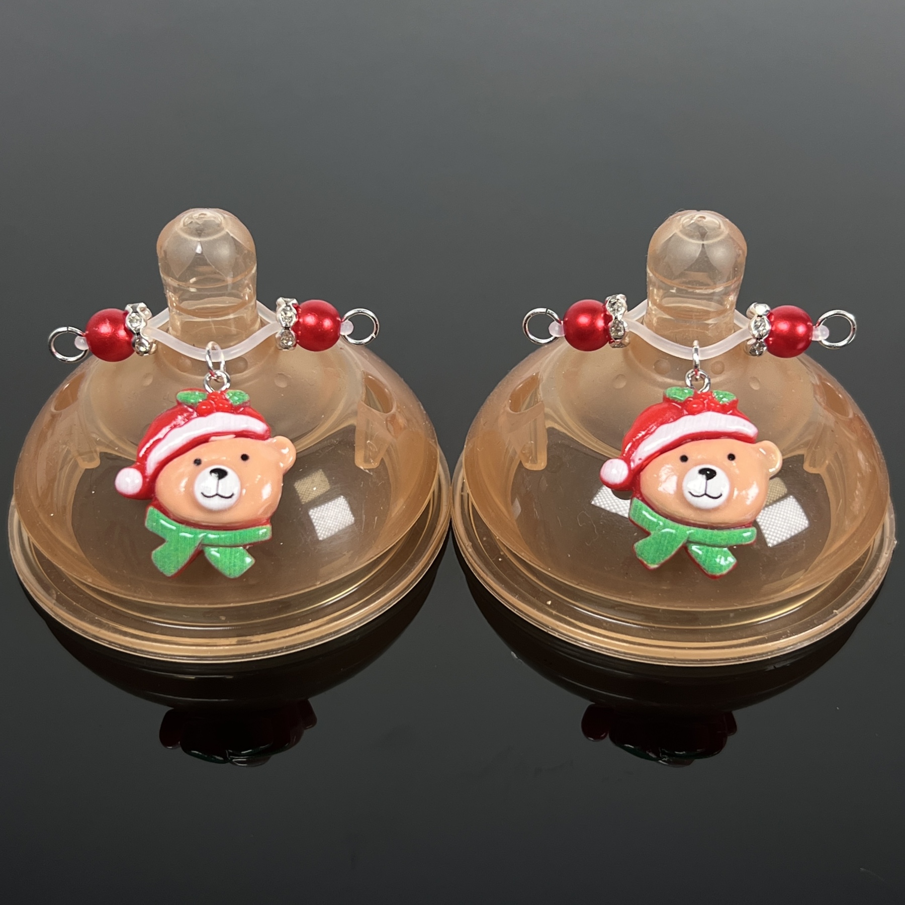Festive Bear Charm Red Bead Nipple Clips