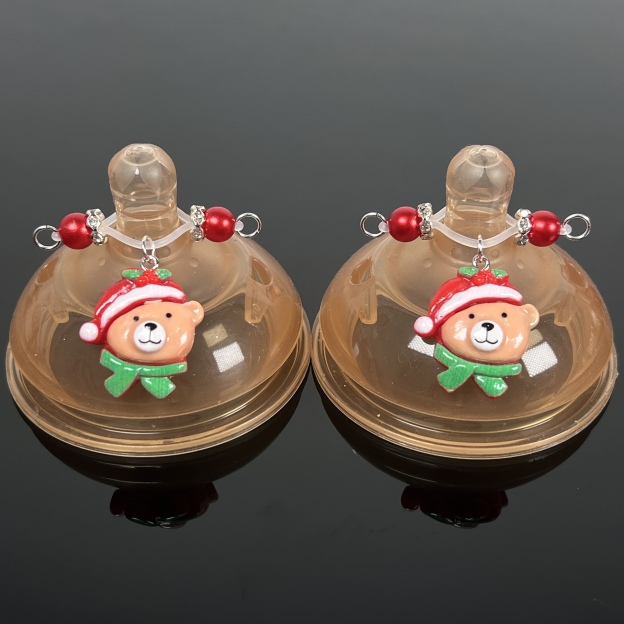 Festive Bear Charm Red Bead Nipple Clips