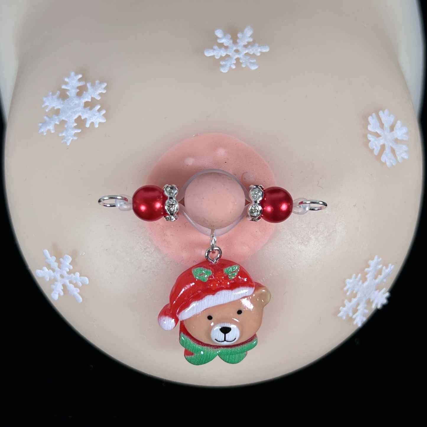 Festive Bear Charm Red Bead Nipple Clips