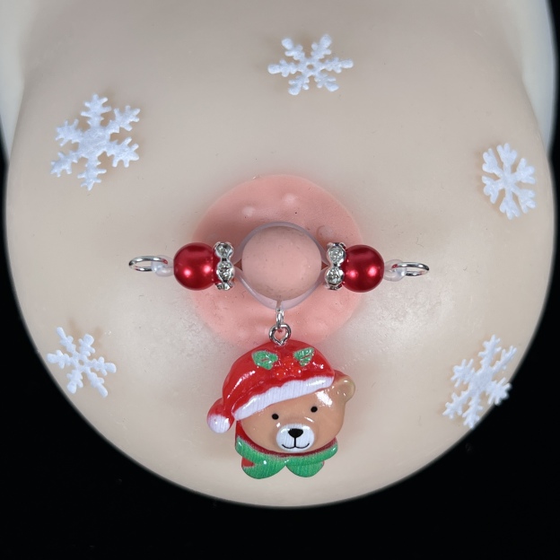 Festive Bear Charm Red Bead Nipple Clips