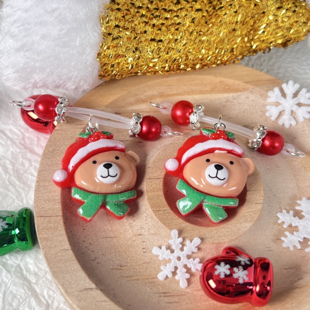 Festive Bear Charm Red Bead Nipple Clips