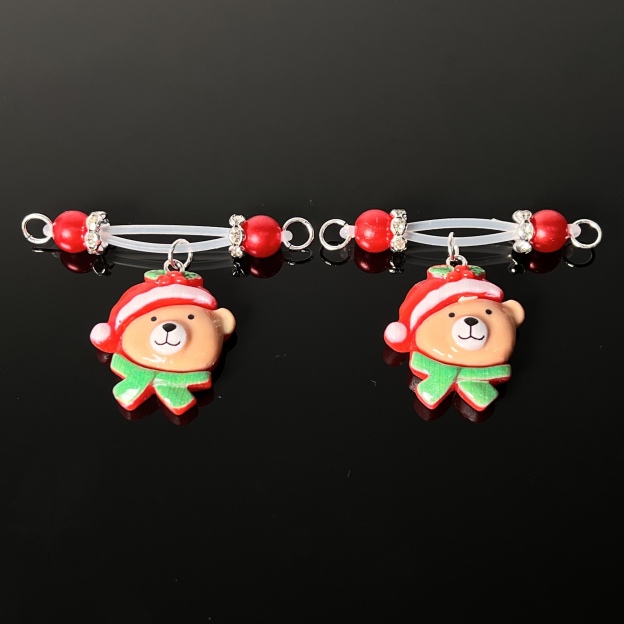 Festive Bear Charm Red Bead Nipple Clips