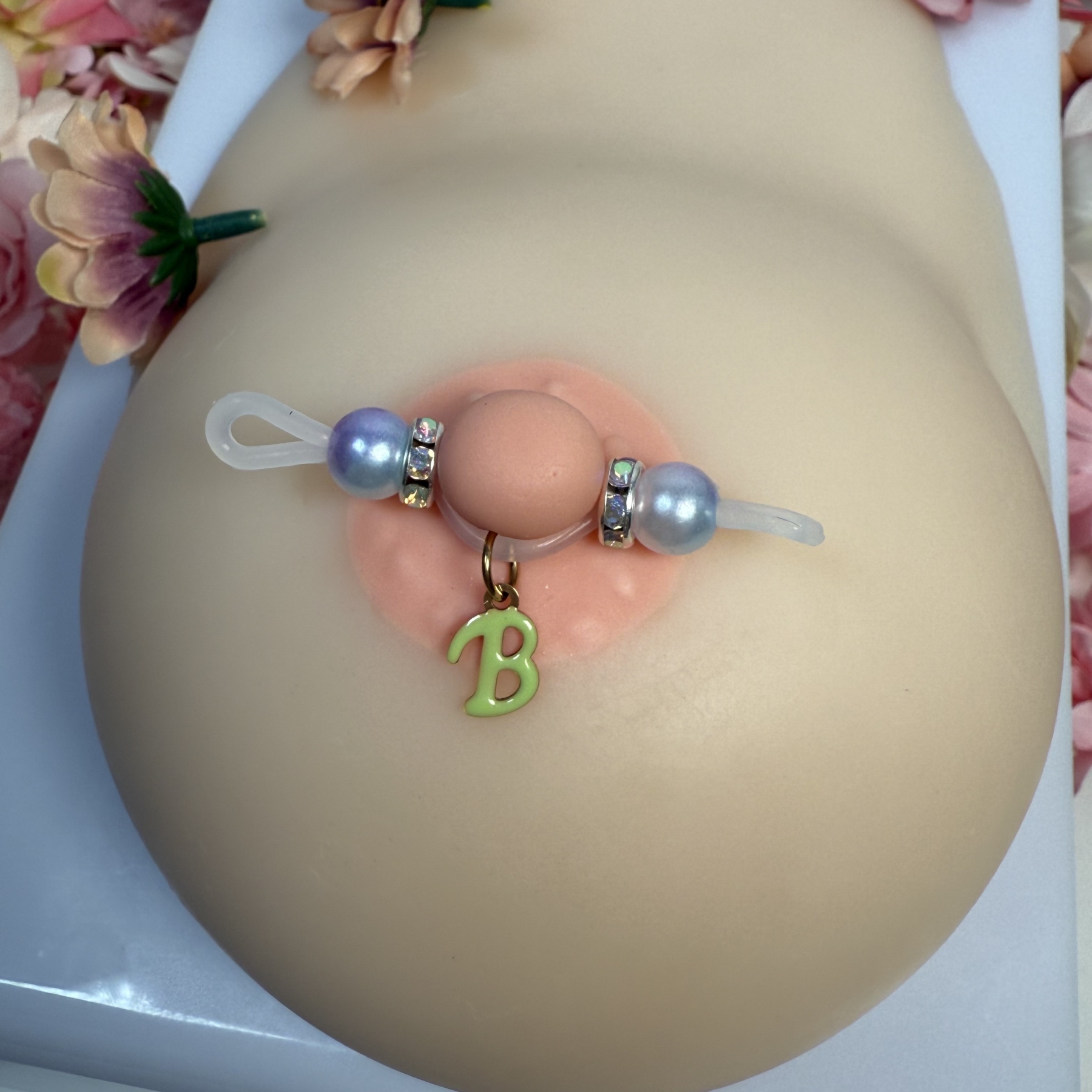 Adjustable pearl nipple decoration - custom colored letters
