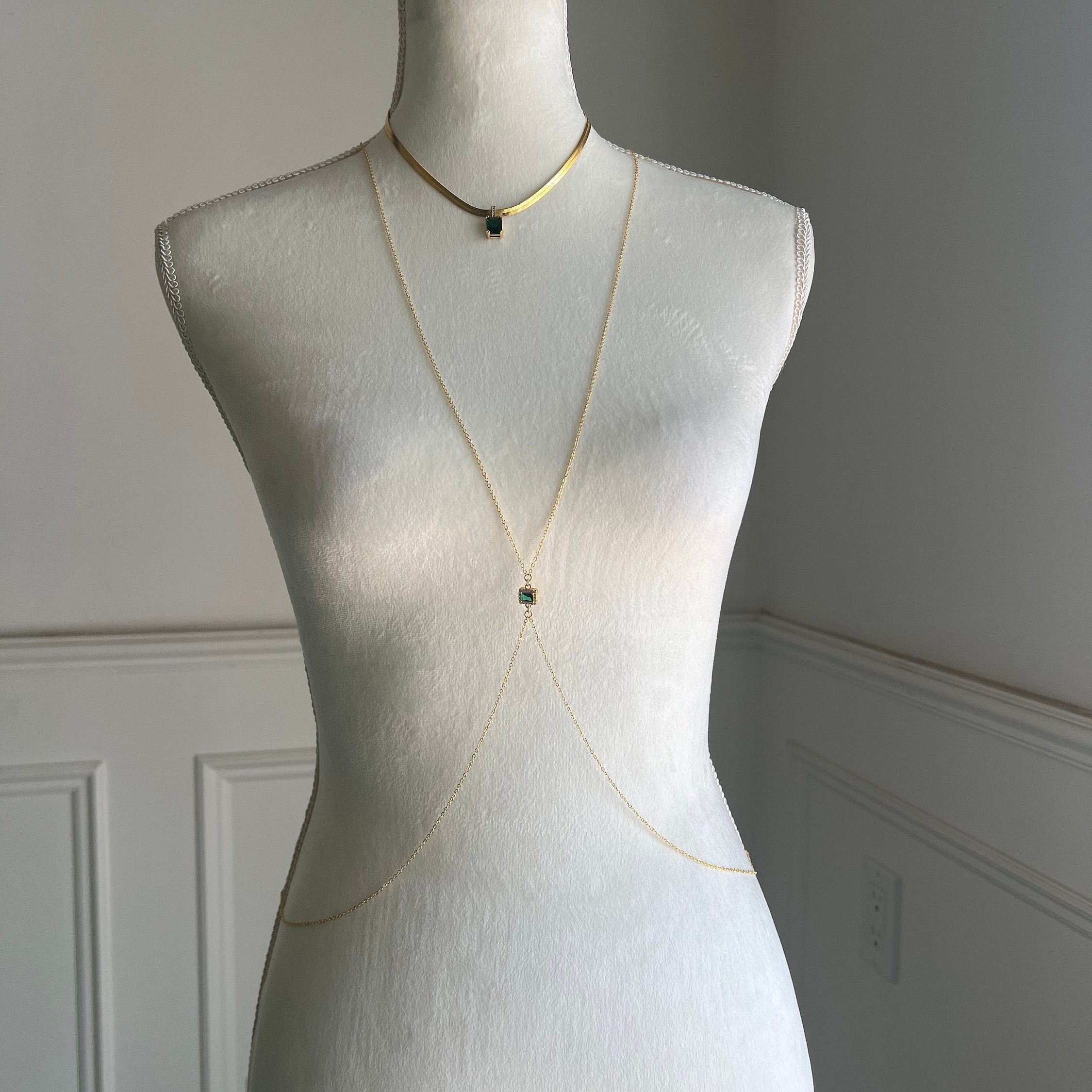Subtle Square Emerald Gem Choker Body Chain Set