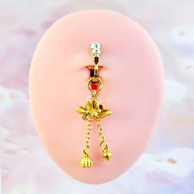 Golden Lotus Charm Simulated Navel Ring