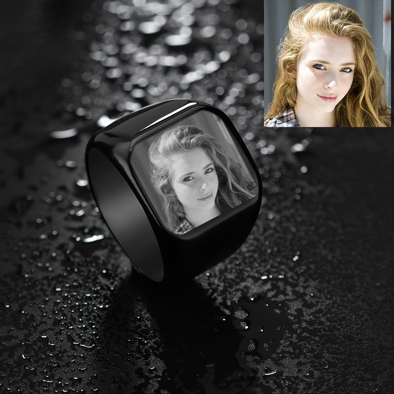 Simple polished ring DIY cut edge square photo ring-Thyye