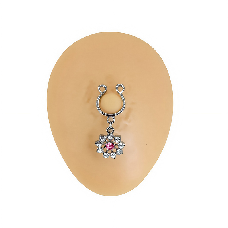 U-shaped flower pendant fake nipple ring-Thyye