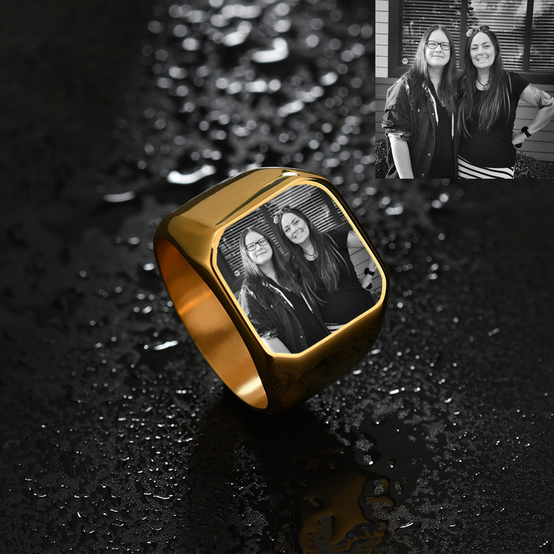 Simple polished ring DIY cut edge square photo ring-Thyye