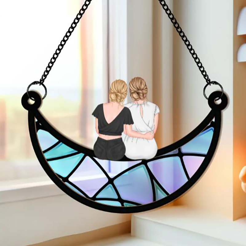  Mother & Daughter On The Moon - Personalized Custom Window Hanging Suncatcher-Thyye
