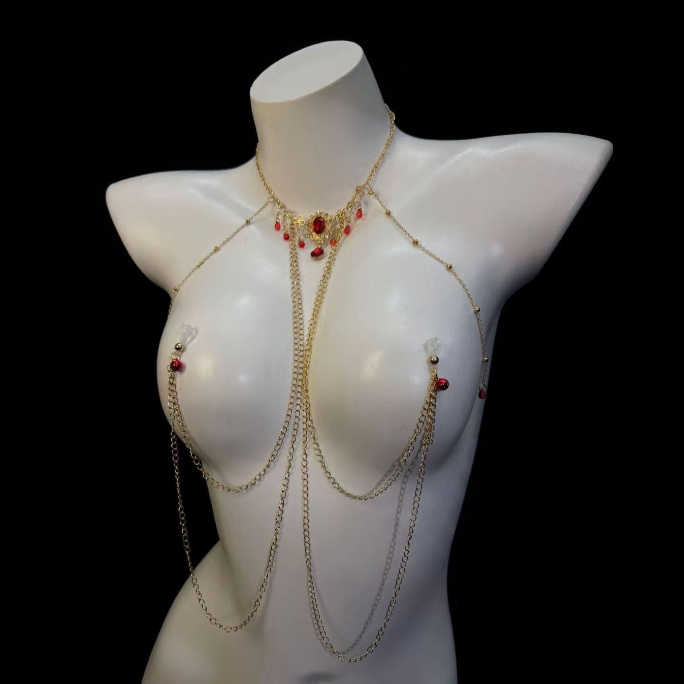 Gothic-style ruby ​​nipple body chain