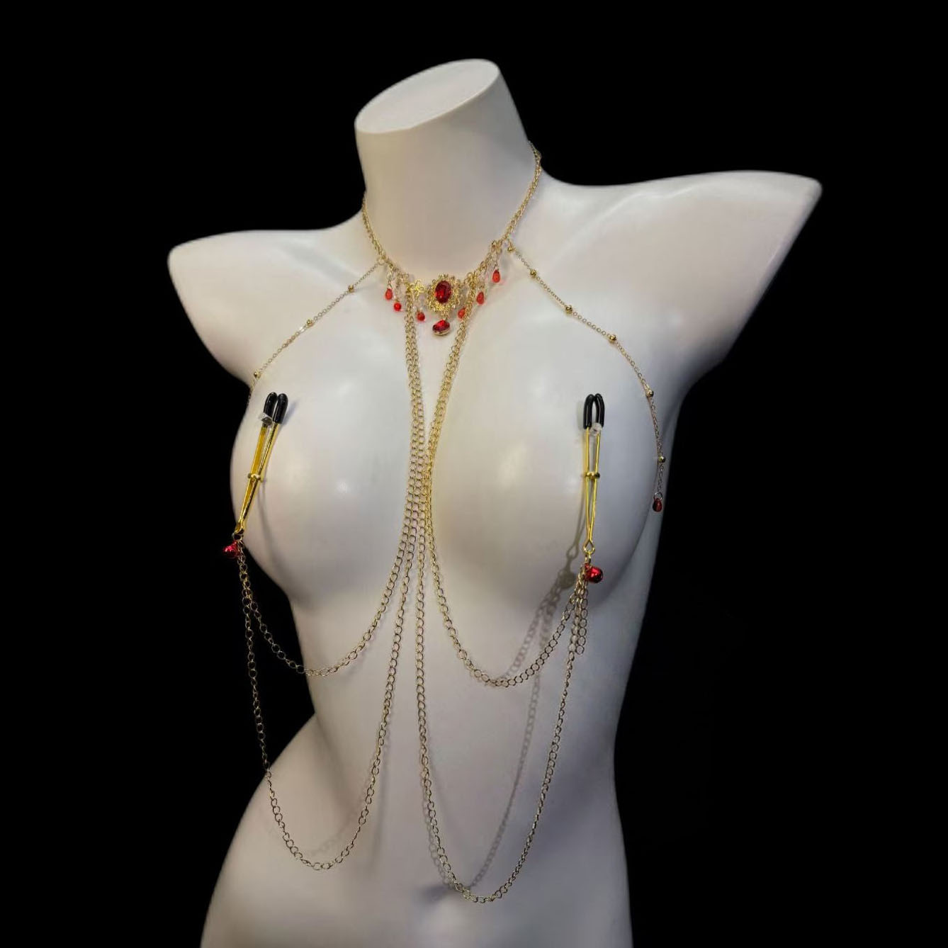 Gothic-style ruby ​​nipple body chain