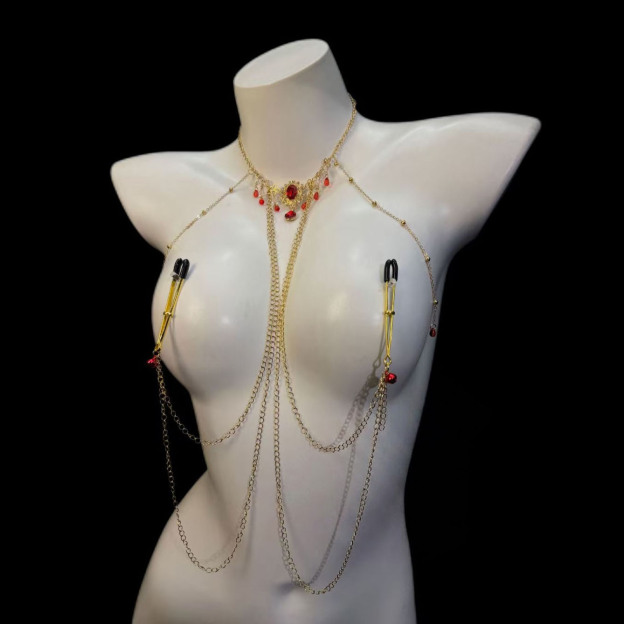 Gothic-style ruby ​​nipple body chain