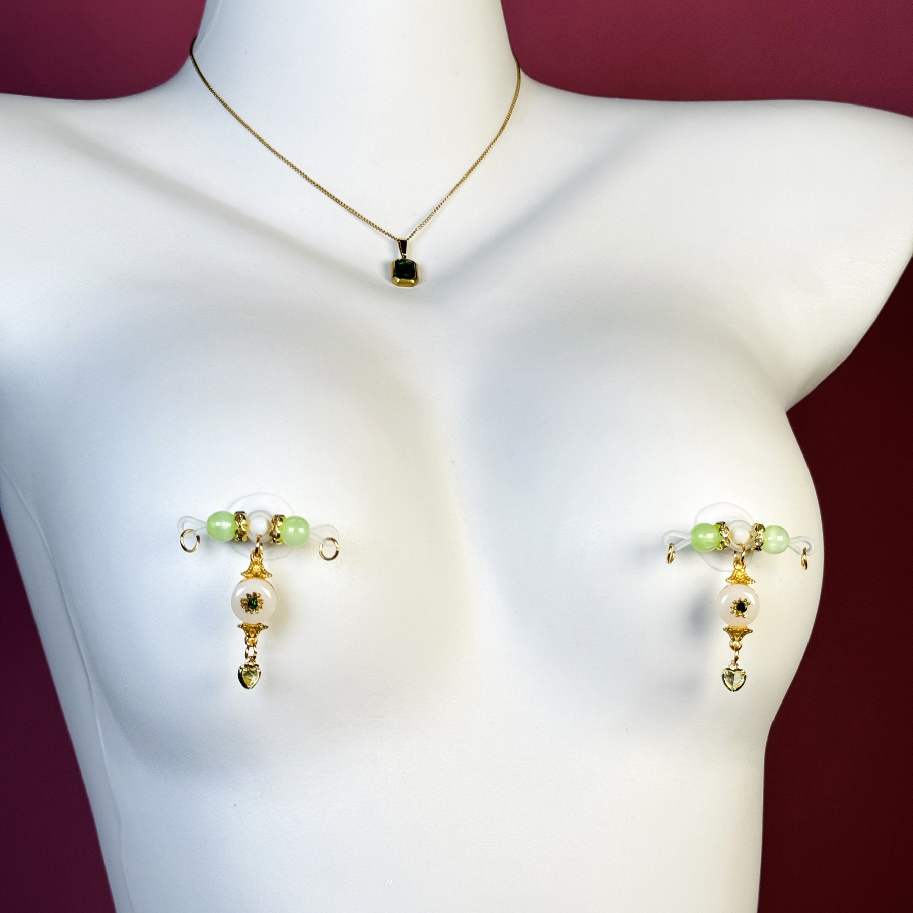 Jade nipple clamps + jade necklace