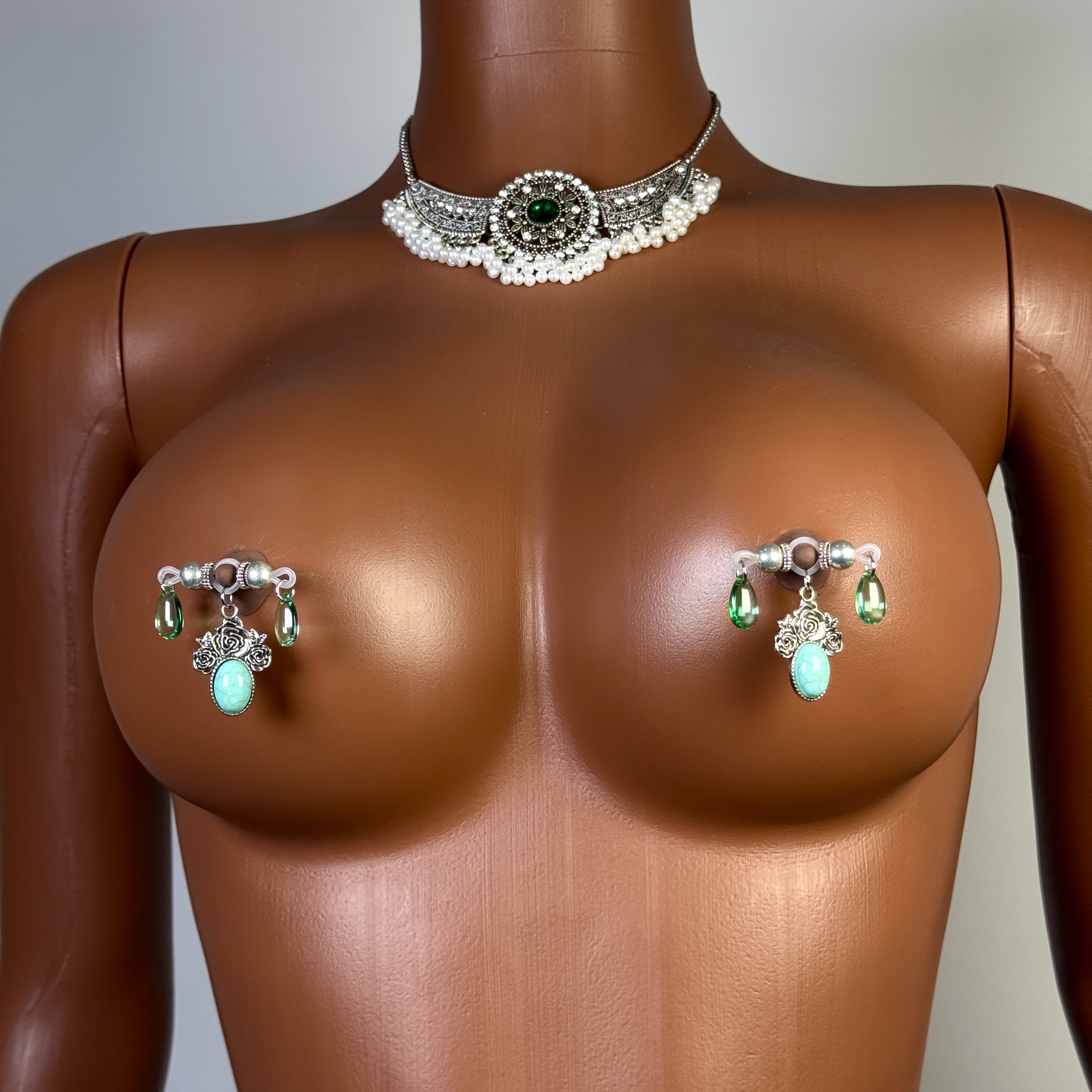 Green Crystal Dangle Nipple Clamps