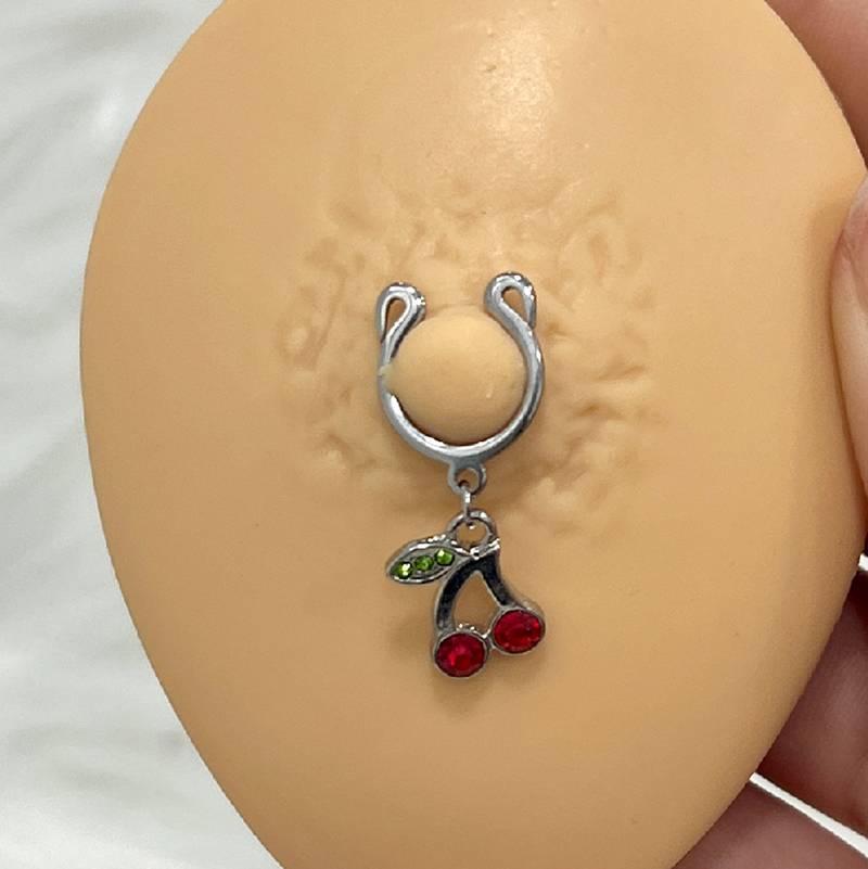 Dangling cherry fake clip-on nipple ring-Thyye