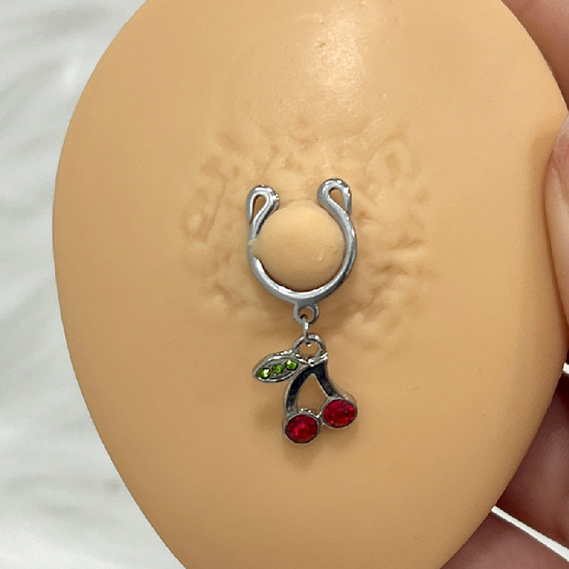 Dangling cherry fake clip-on nipple ring-Thyye