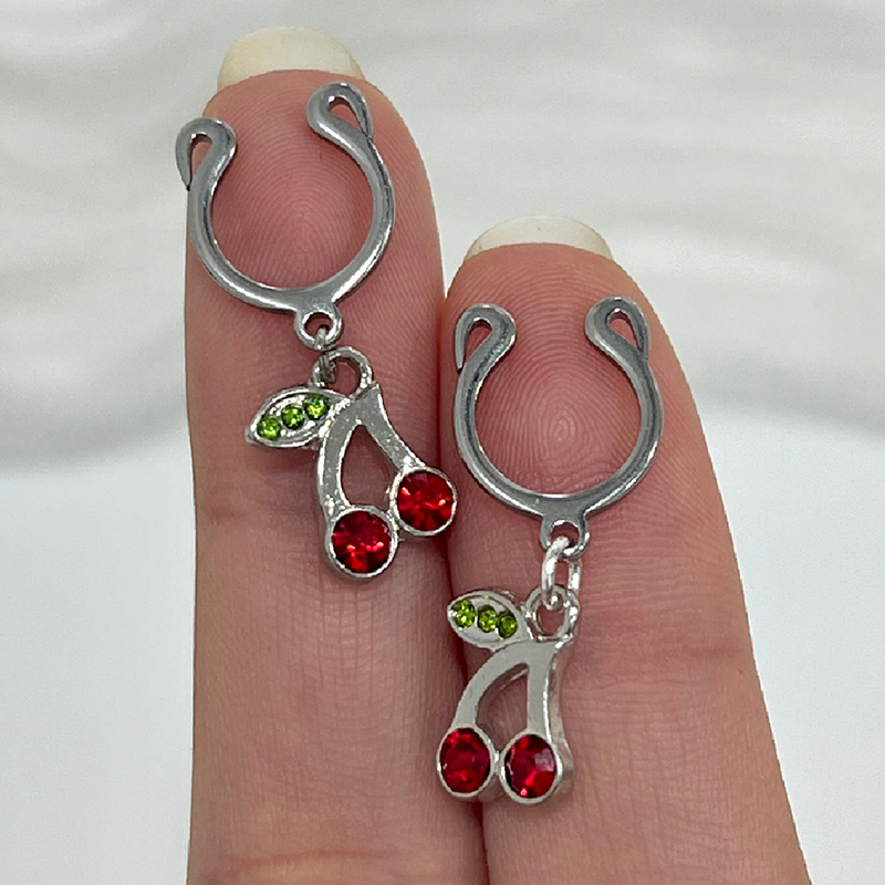 Dangling cherry fake clip-on nipple ring-Thyye