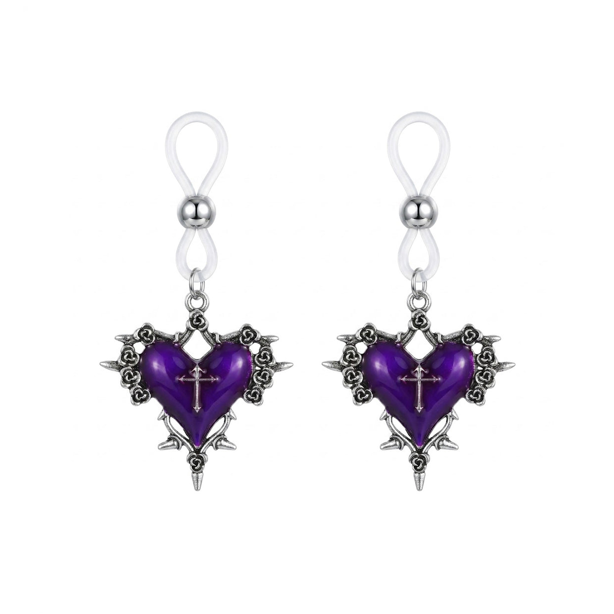 Gothic purple heart-shaped nipple clamps
